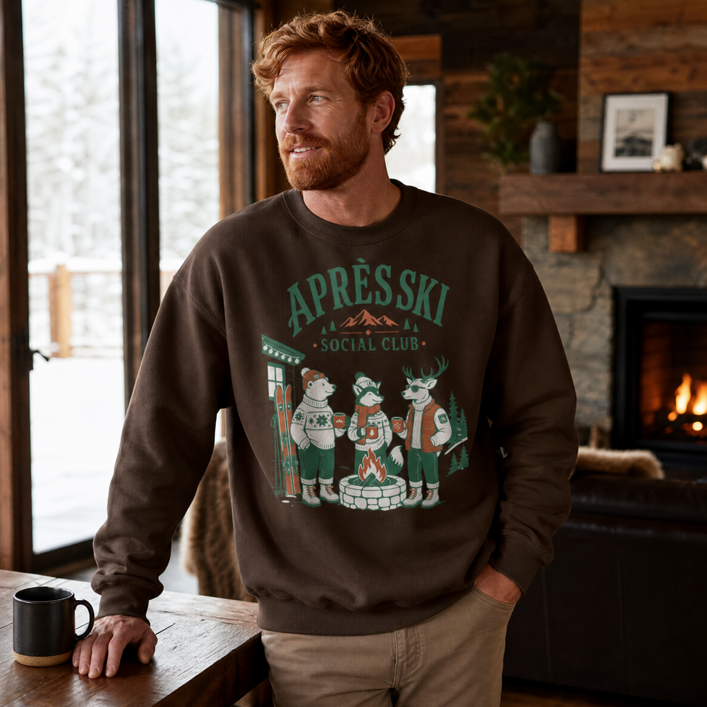 Man wearing a sweater with bear graphics and text in a cozy room with a fireplace.