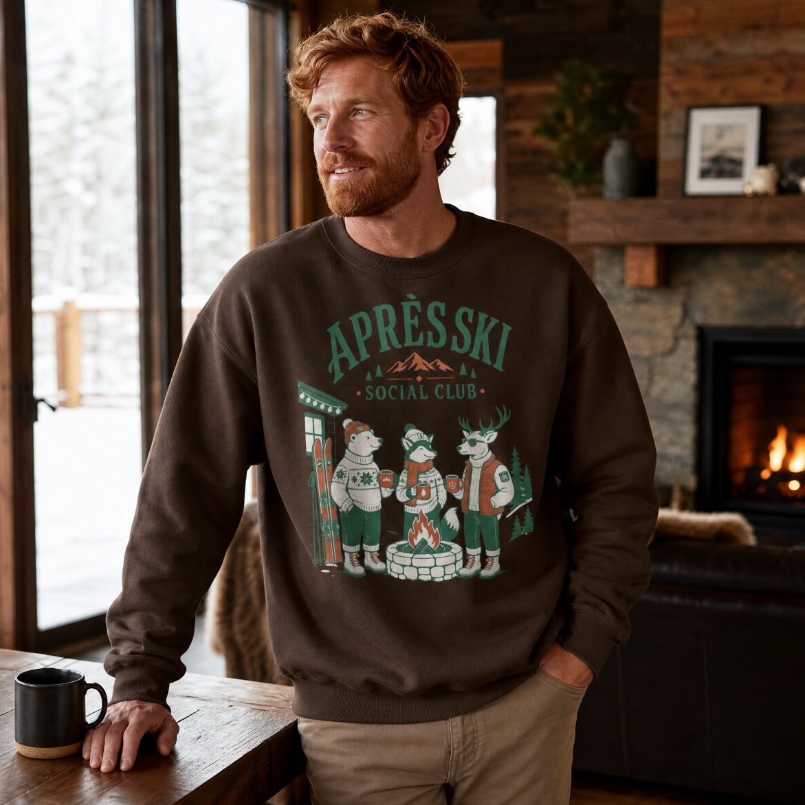 Man wearing a sweater with bear graphics and text in a cozy room with a fireplace.
