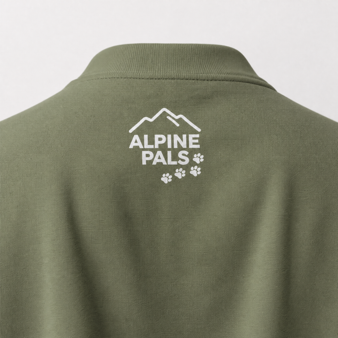 Military green sweater with 'Alpine Pals' logo on the back against a white background