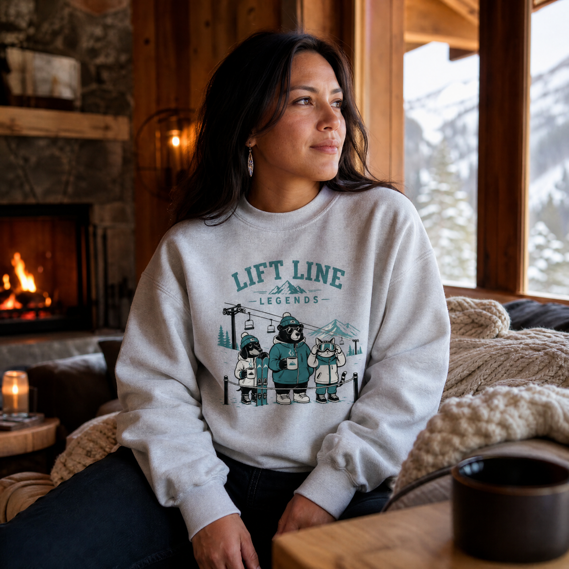Woman wearing a sweatshirt with 'Lift Line Legends' design in a cozy cabin setting.