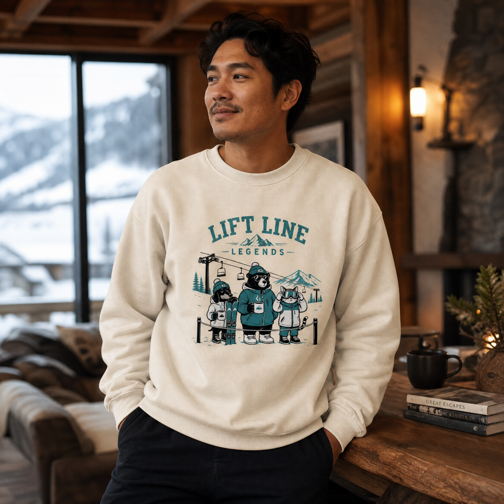 Man wearing a 'Lift Line Legends' sweater in a cozy indoor setting with a snowy outdoor view.