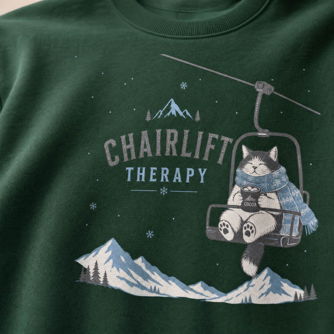 Forest green sweatshirt with a cat on a chairlift graphic and 'Chairlift Therapy' text.