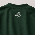 Forest green sweatshirt with 'Alpine Pals' logo on a gray background