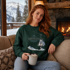 Woman wearing a green sweatshirt with a chairlift graphic, sitting on a couch with a snowy mountain view and fireplace in the background.