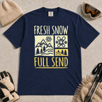 True Navy tee featuring a retro ski and mountain graphic with the phrase “Fresh Snow, Full Send.”