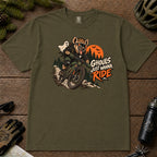 Hemp tee featuring a hyena mountain biking through a spooky Halloween trail scene with a ghost, bats, and orange moon beside the phrase “Ghouls Just Wanna Ride.”