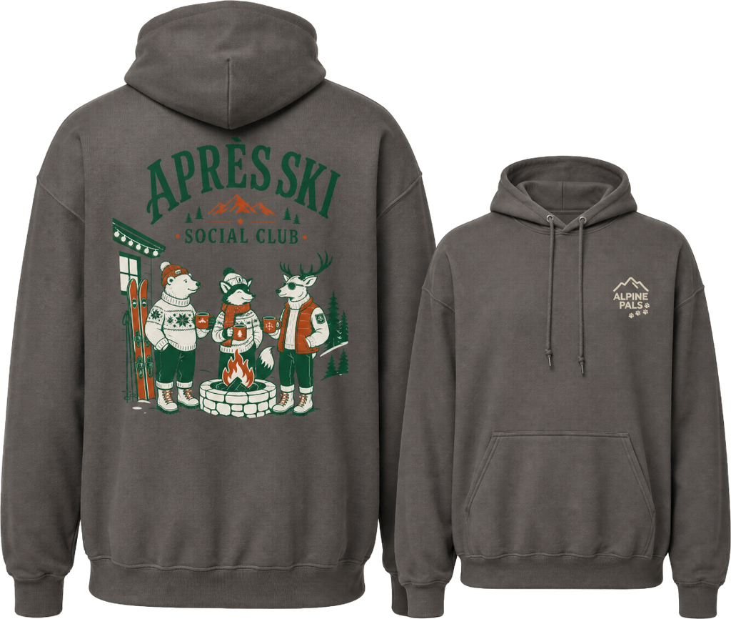Charcoal gray hoodie with 'Après Ski Social Club' design on the back and logo on the front, displayed from front and back views.