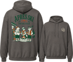 Charcoal gray hoodie with 'Après Ski Social Club' design on the back and logo on the front, displayed from front and back views.