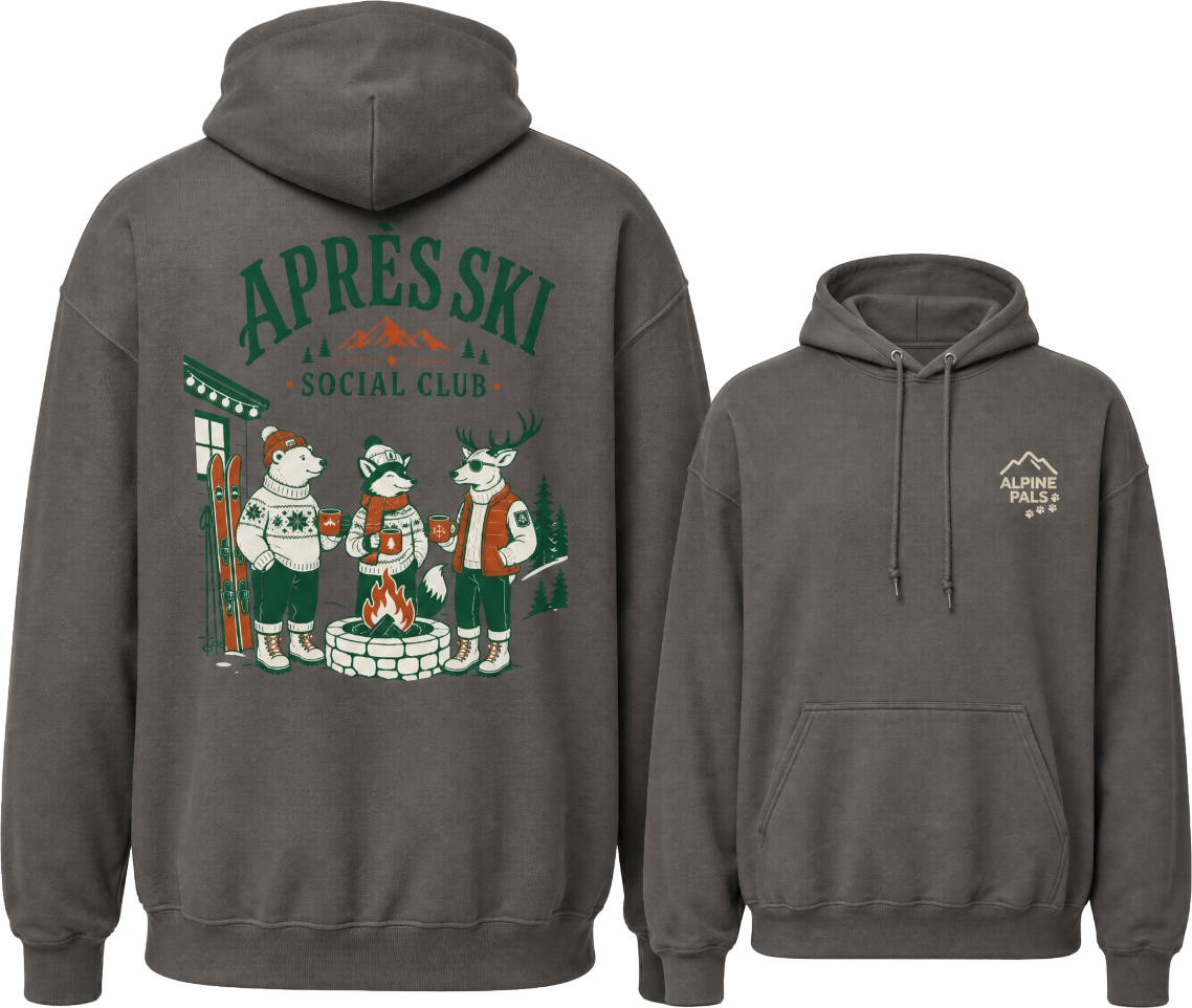 Charcoal gray hoodie with 'Après Ski Social Club' design on the back and logo on the front, displayed from front and back views.