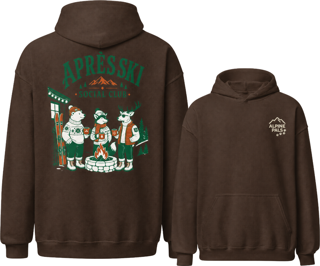Dark chocolate brown hoodie with 'Apres Ski Social Club' graphic on the back and logo on the chest, displayed from front and back views.