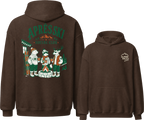 Dark chocolate brown hoodie with 'Apres Ski Social Club' graphic on the back and logo on the chest, displayed from front and back views.
