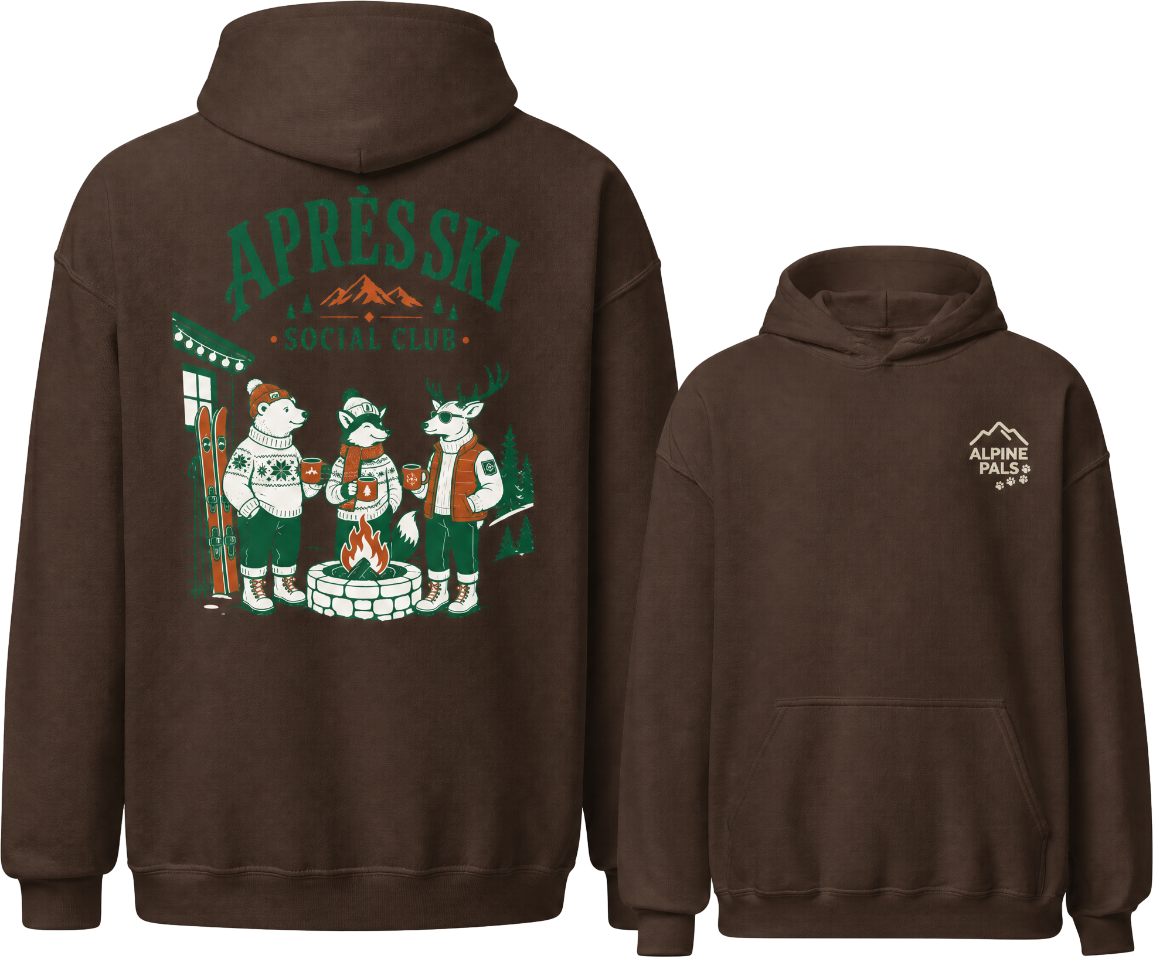Dark chocolate brown hoodie with 'Apres Ski Social Club' graphic on the back and logo on the chest, displayed from front and back views.