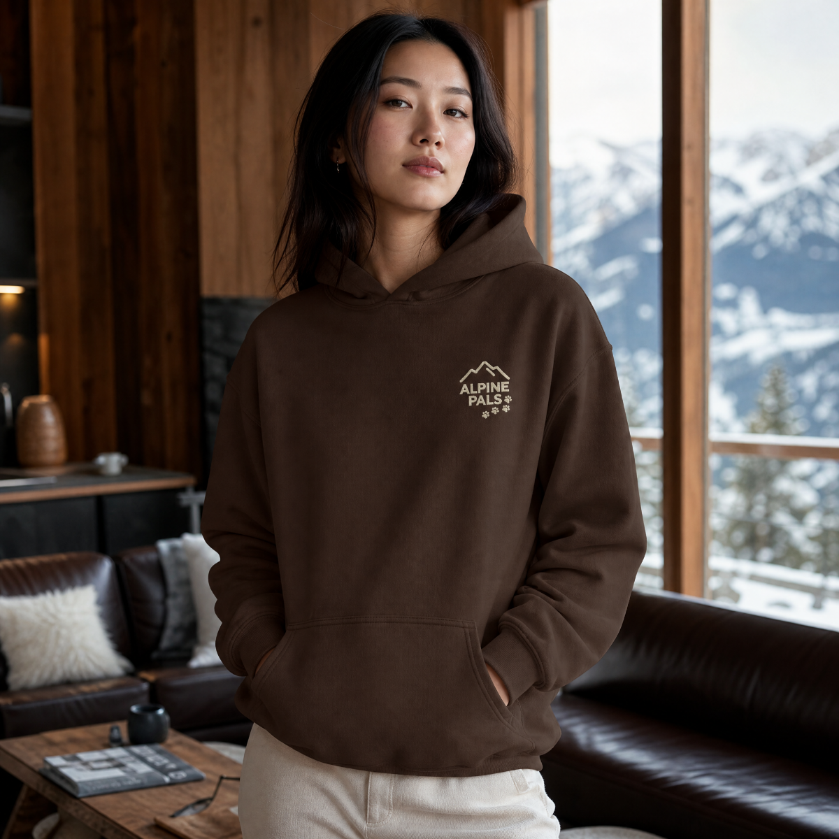 Woman wearing a dark chocolate brown hoodie with a logo, standing in a room with a snowy mountain view.