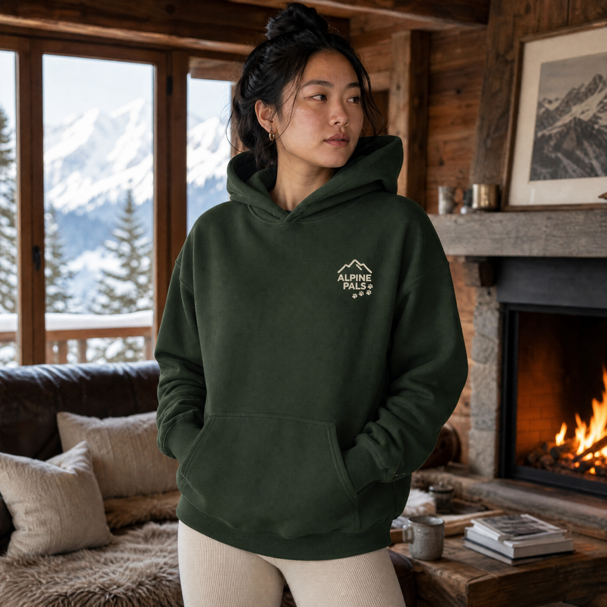 Woman wearing a forest green hoodie with a logo in a cozy living room with a fireplace and mountain view.
