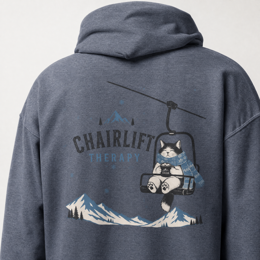 Heather sport dark navy hoodie with a cat on a chairlift graphic and 'Chairlift Therapy' text on the back.