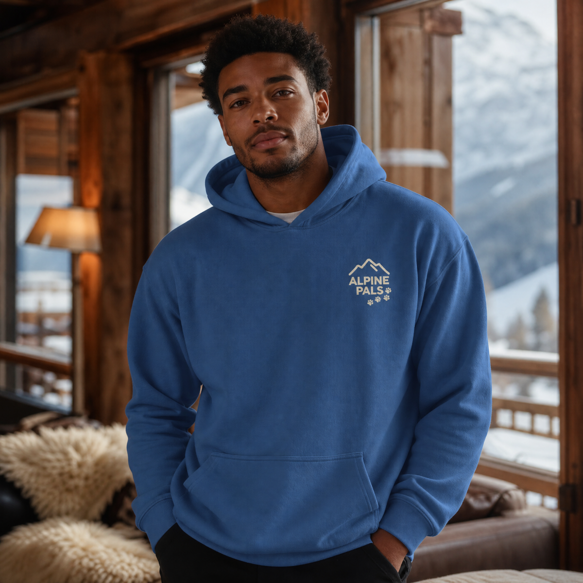 Man wearing an indigo blue hoodie with a mountain logo in a cozy room with a snowy mountain view.