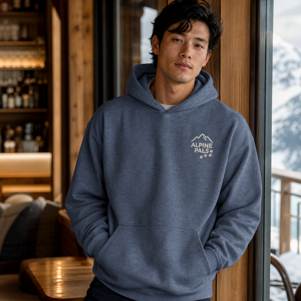 Man wearing a heather sport dark navy hoodie with 'Alpine Pals' logo indoors.