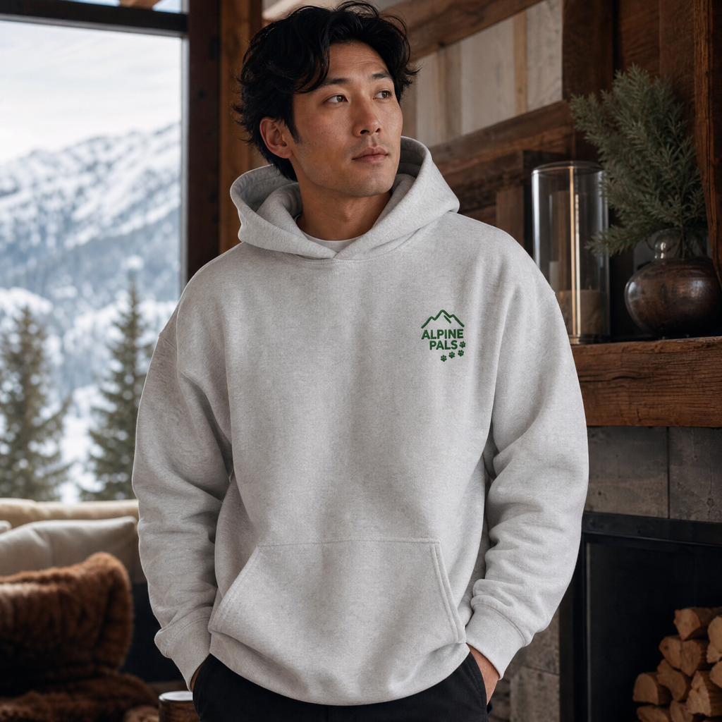 Man wearing an ash gray hoodie with a logo, standing in a cozy indoor setting with mountains in the background.