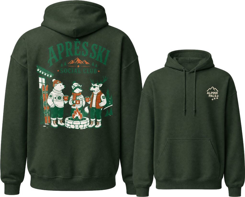 Forest green hoodie with 'Apres Ski' design on the back and mountain logo on the front, displayed from front and back views.