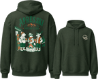Forest green hoodie with 'Apres Ski' design on the back and mountain logo on the front, displayed from front and back views.