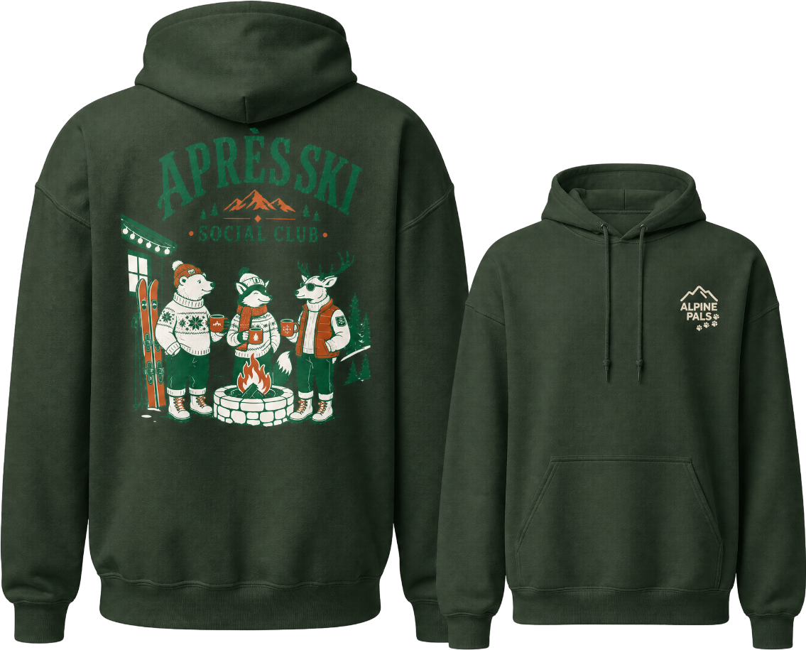 Forest green hoodie with 'Apres Ski' design on the back and mountain logo on the front, displayed from front and back views.