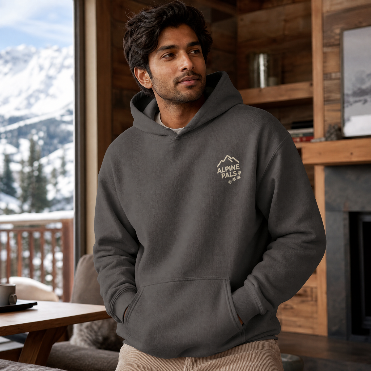 Man wearing a charcoal gray hoodie with a logo indoors, mountain view outside