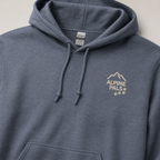 Heather sport dark navy hoodie with 'Alpine Pals' logo on a light gray background