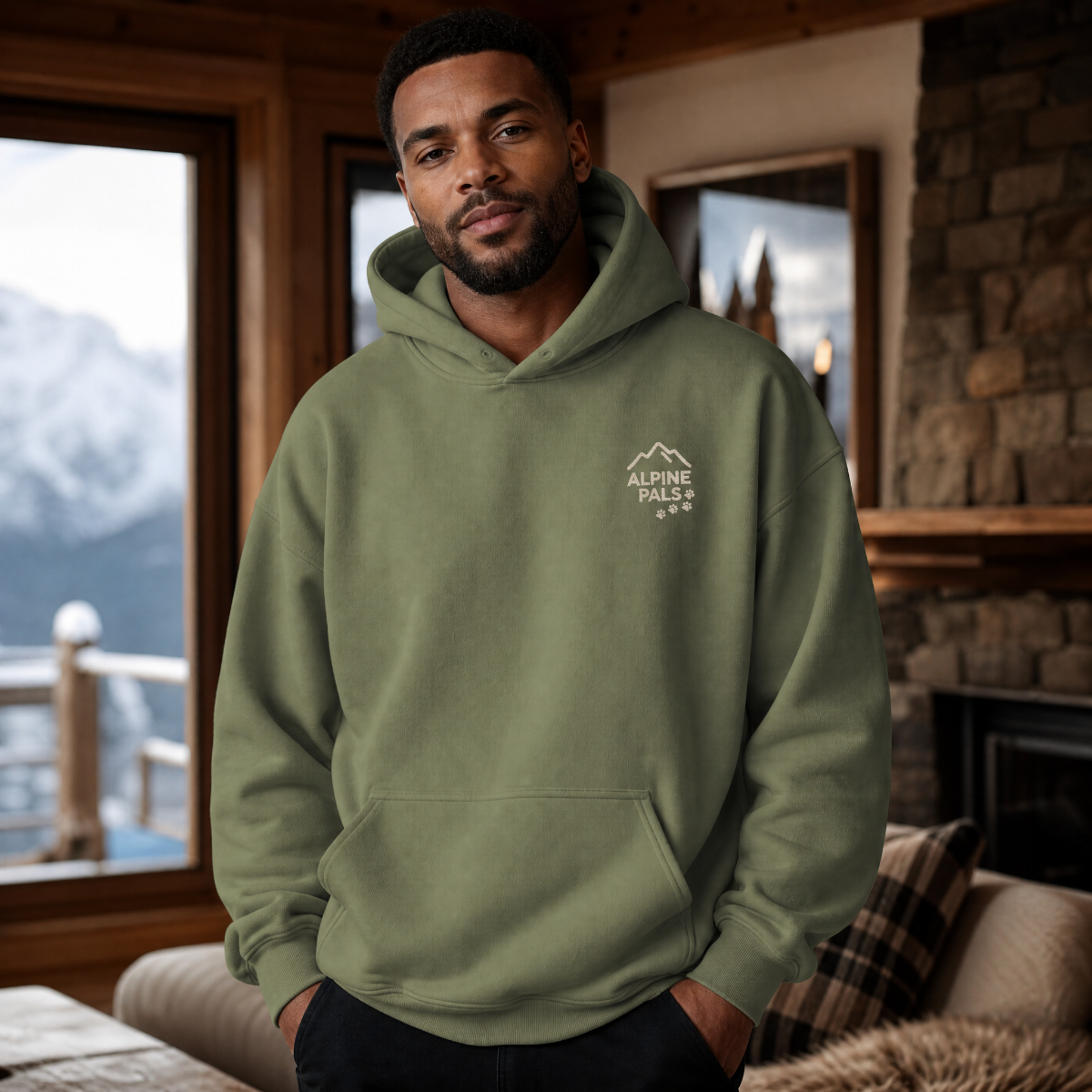 Man wearing a military green hoodie with 'Alpine Pals' logo in a cozy indoor setting with mountain view.