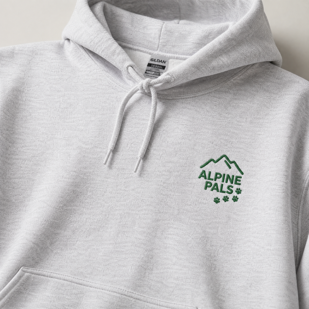 Ash gray hoodie with 'Alpine Pals' logo on a light background