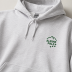 Ash gray hoodie with 'Alpine Pals' logo on a light background