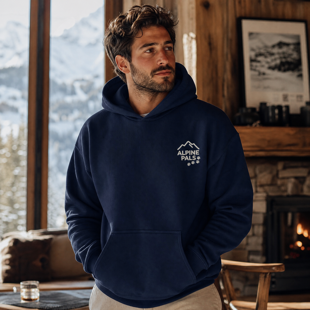 Man wearing a navy blue hoodie with 'Alpine Pals' logo in a cozy room with a fireplace and mountain view.