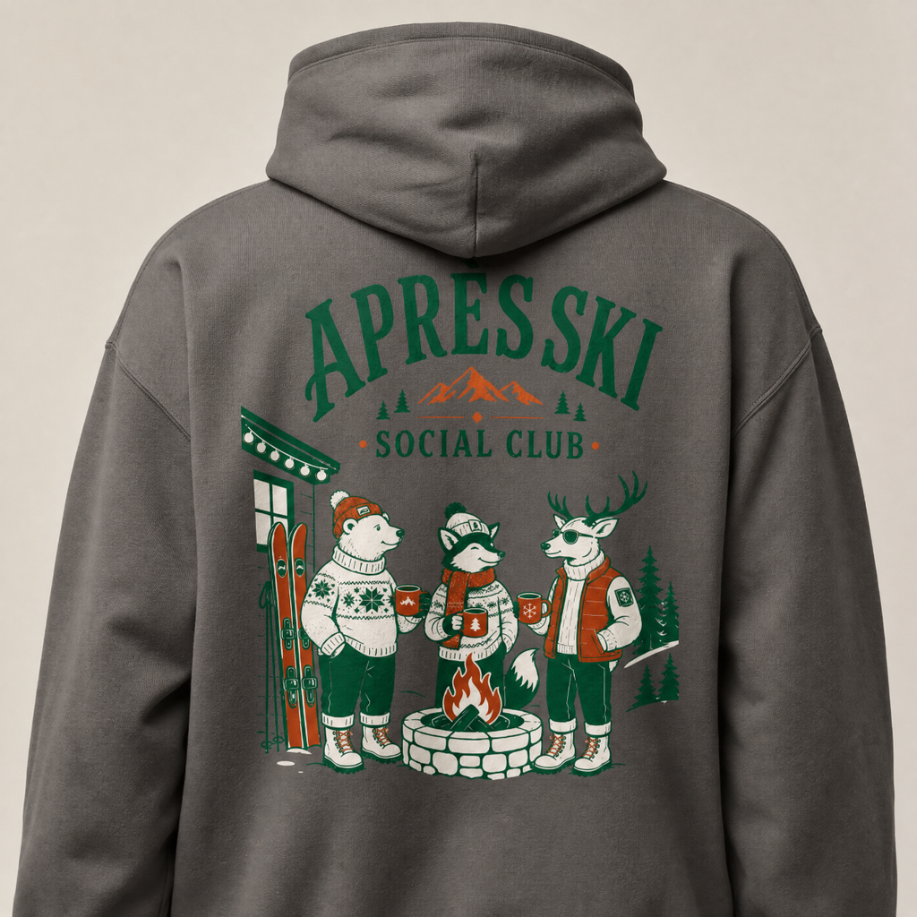 Charcoal gray hoodie with 'Apres Ski Social Club' design featuring animals around a campfire.