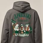 Charcoal gray hoodie with 'Apres Ski Social Club' design featuring animals around a campfire.