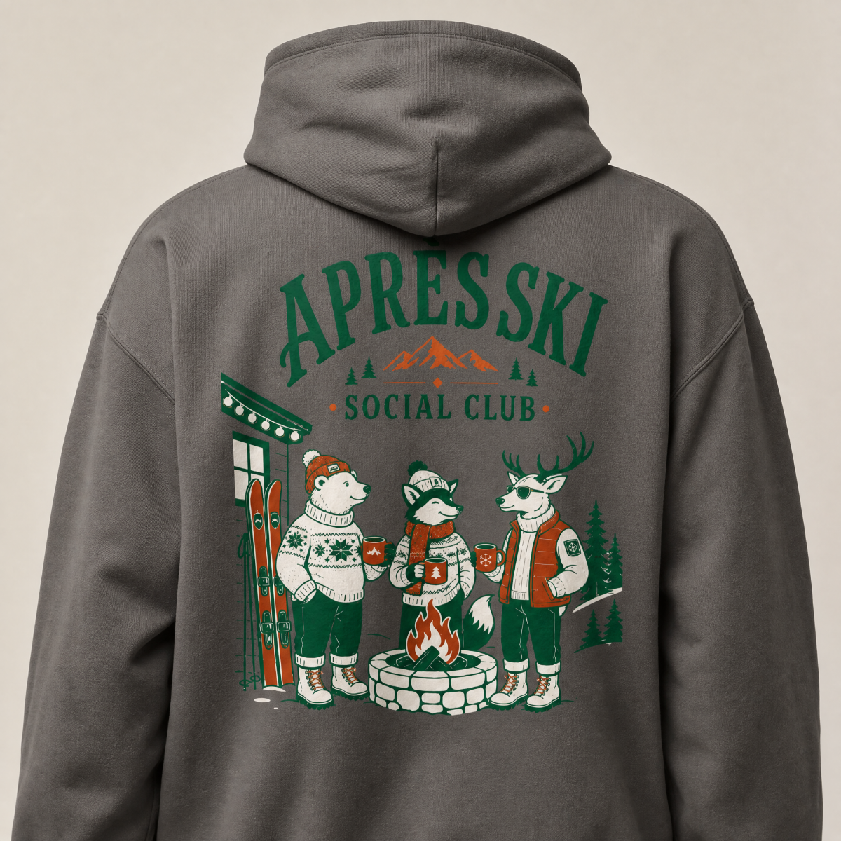 Charcoal gray hoodie with 'Apres Ski Social Club' design featuring animals around a campfire.