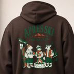 Dark chocolate brown hoodie with 'Apres Ski Social Club' design on the back