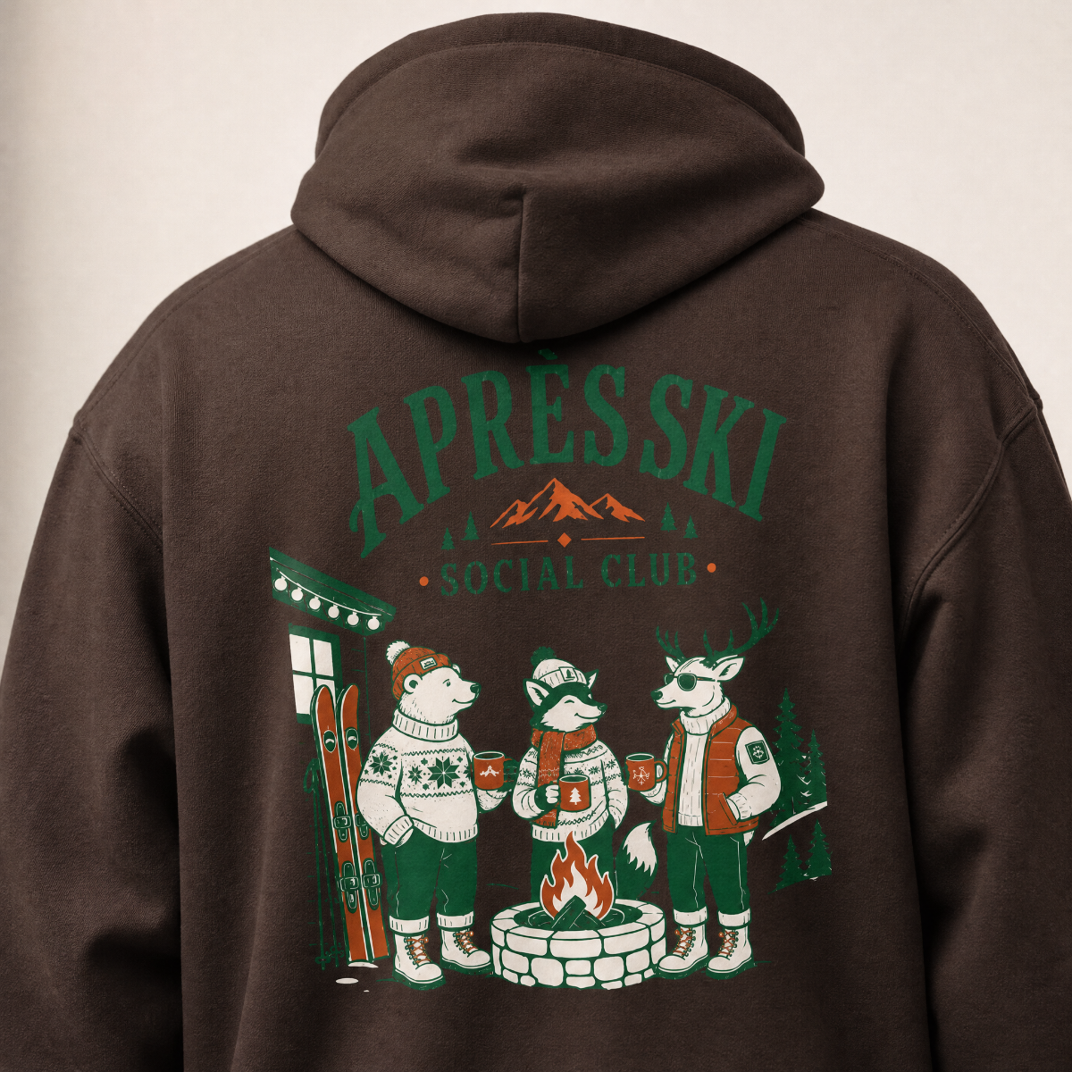 Dark chocolate brown hoodie with 'Apres Ski Social Club' design on the back