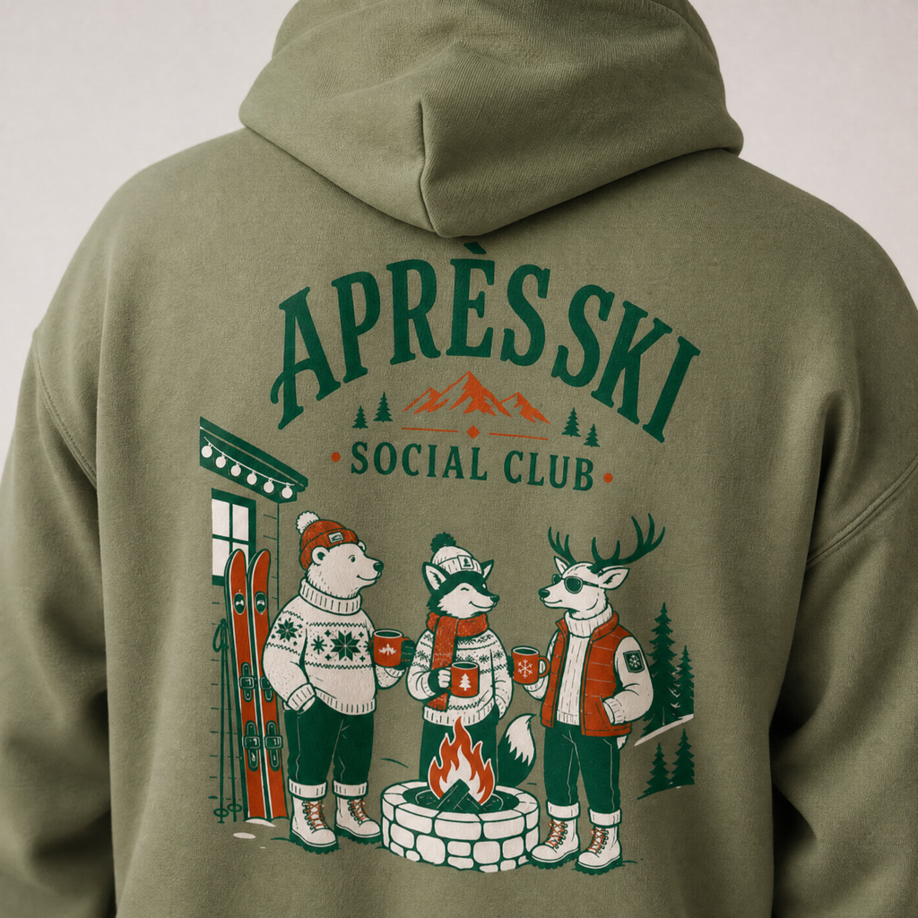 Military green hoodie with 'Après Ski Social Club' design on the back