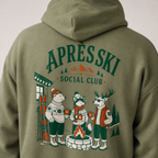 Military green hoodie with 'Après Ski Social Club' design on the back