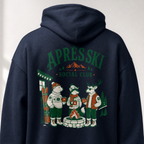 Navy hoodie with 'Apres Ski Social Club' graphic on the back