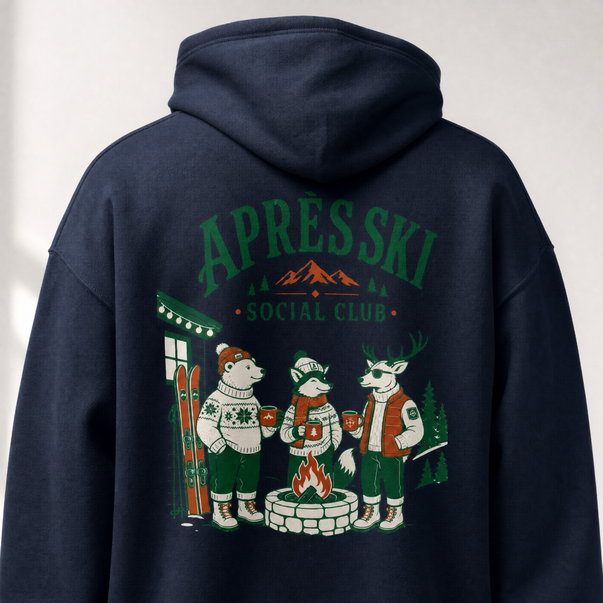 Navy hoodie with 'Apres Ski Social Club' graphic on the back