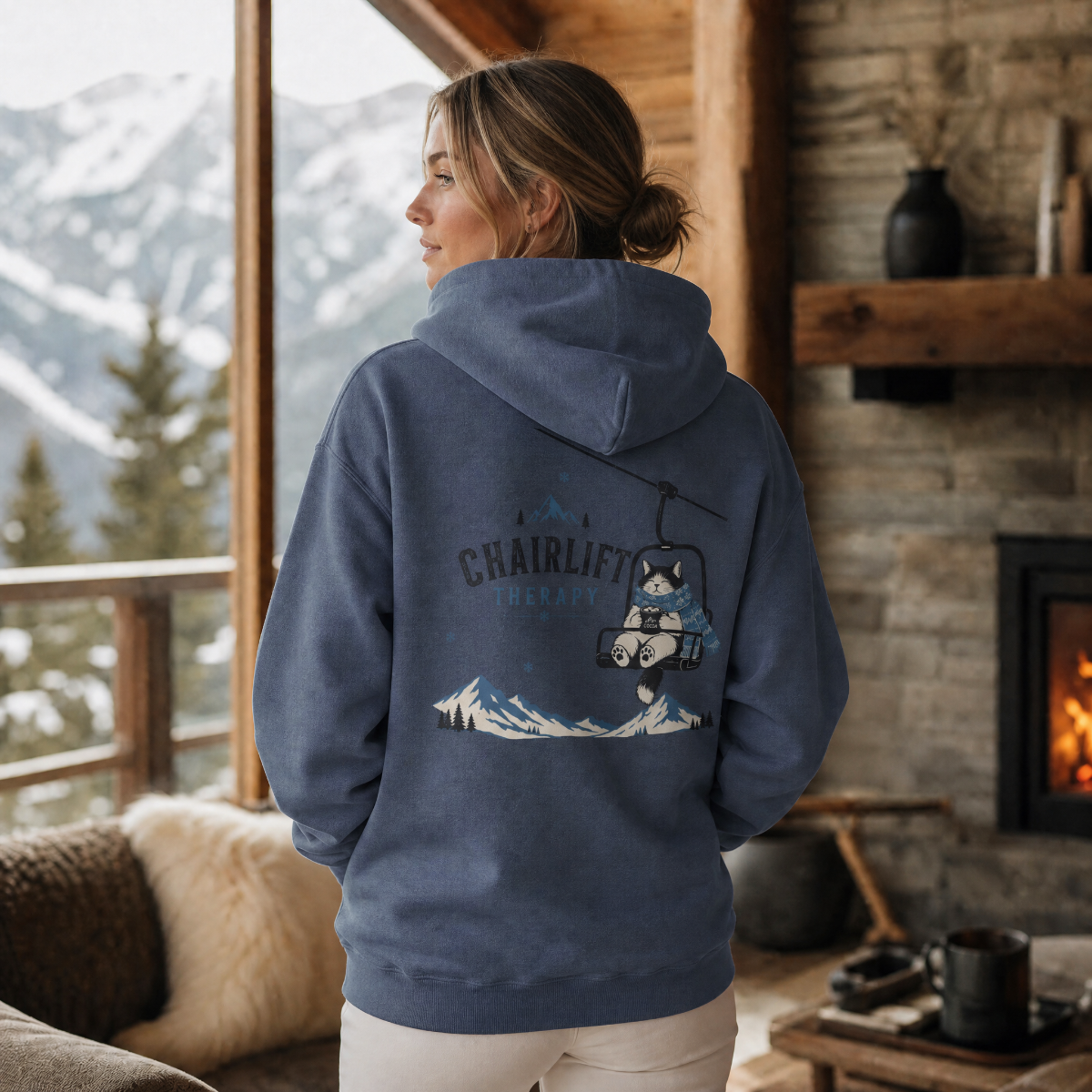 Person wearing a heather sport dark navy hoodie with a mountain design, standing in a cozy cabin with a view of mountains.