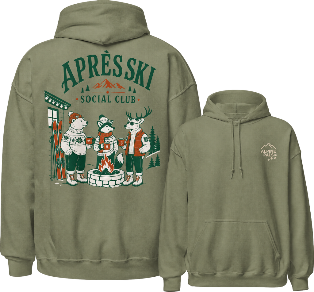 Military green hoodie with 'Apres Ski Social Club' design on the back, featuring cartoon characters around a campfire.
