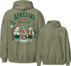 Military green hoodie with 'Apres Ski Social Club' design on the back, featuring cartoon characters around a campfire.