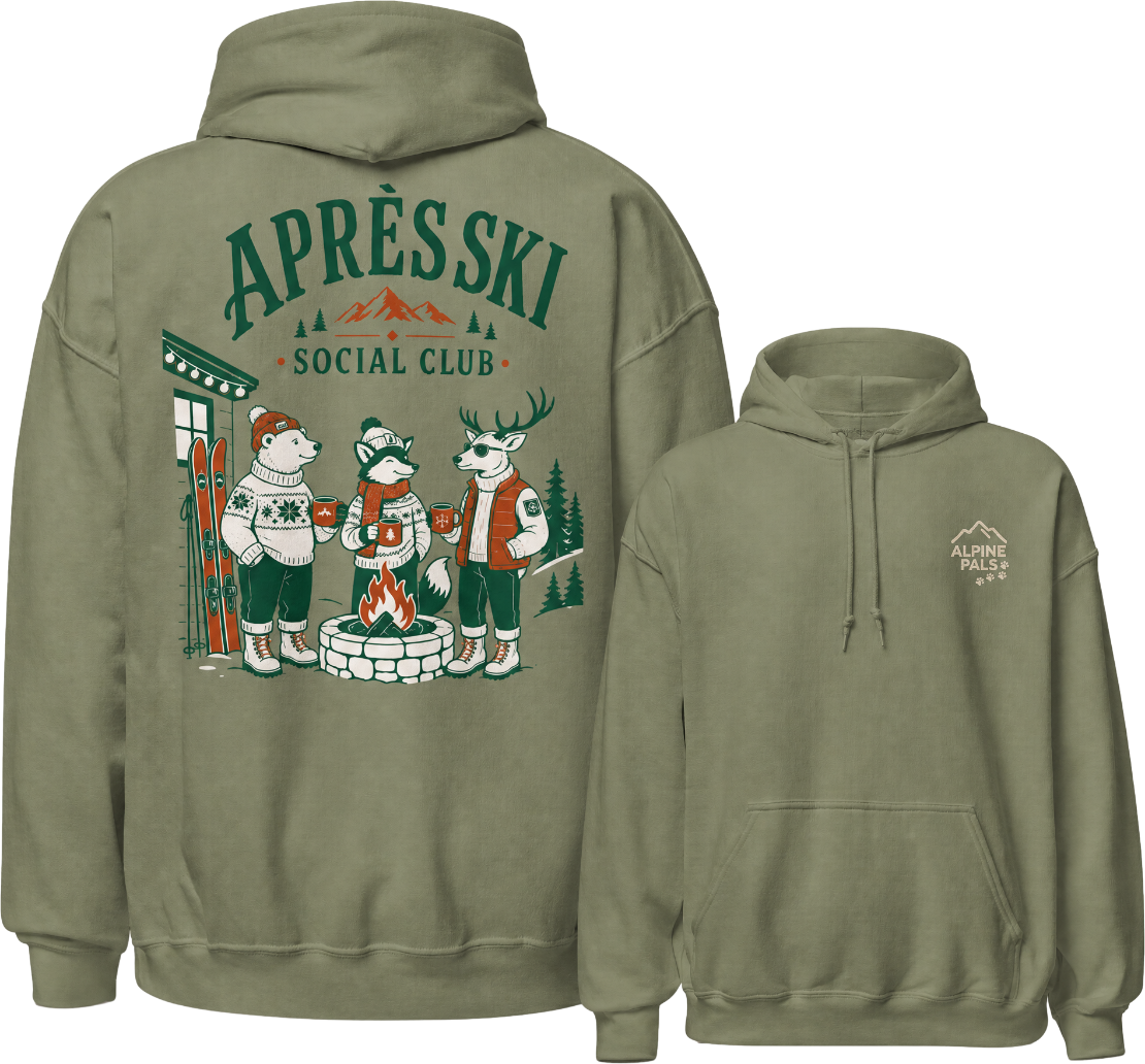Military green hoodie with 'Apres Ski Social Club' design on the back, featuring cartoon characters around a campfire.