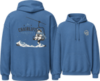 Indigo blue hoodie with chairlift graphic on the back, displayed from front and back views.