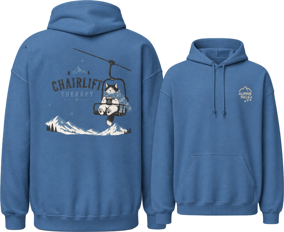 Indigo blue hoodie with chairlift graphic on the back, displayed from front and back views.