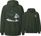 Forest green hoodie with mountain and chairlift graphic on front, and bear design on back, on a white background.