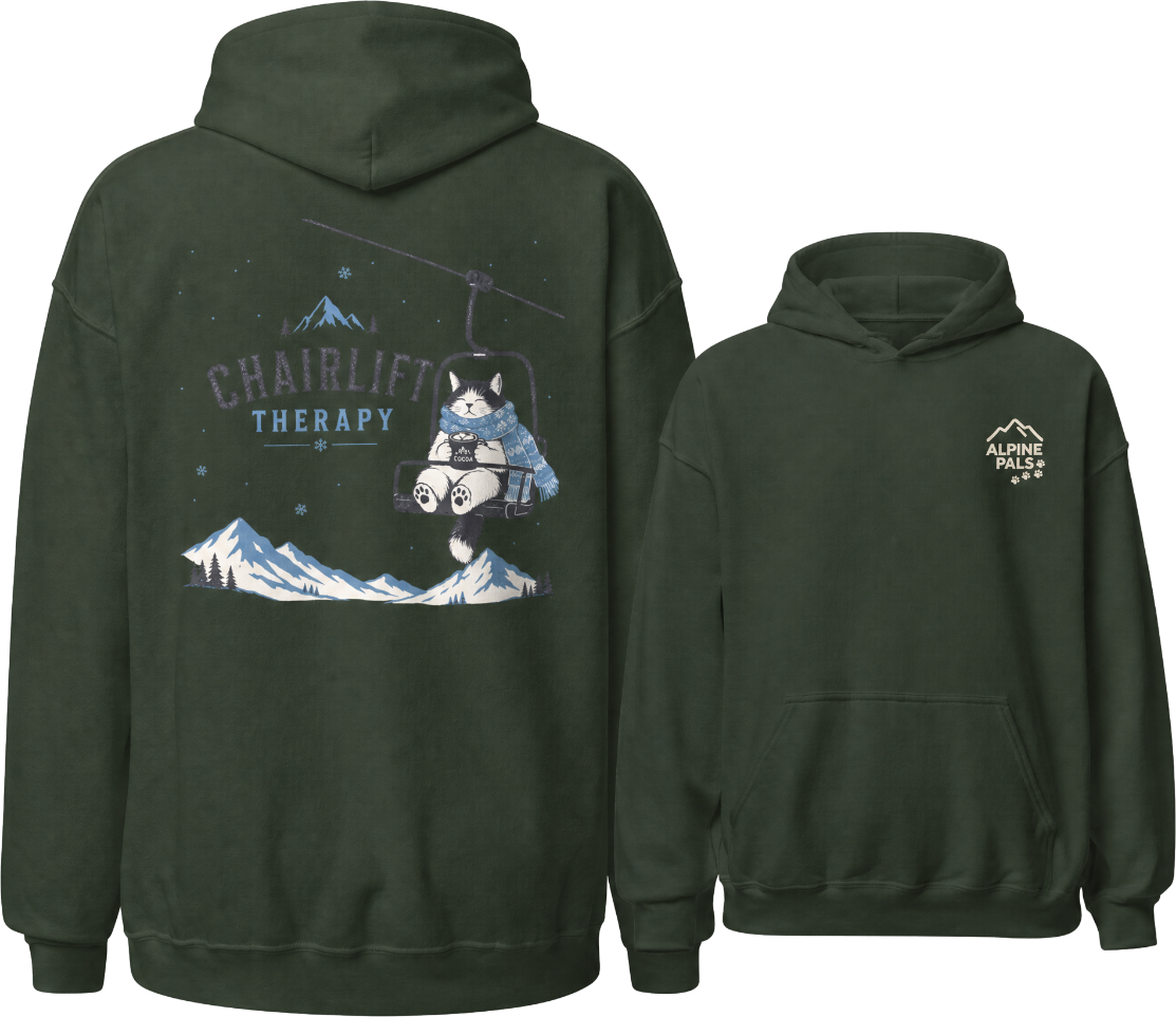 Forest green hoodie with mountain and chairlift graphic on front, and bear design on back, on a white background.