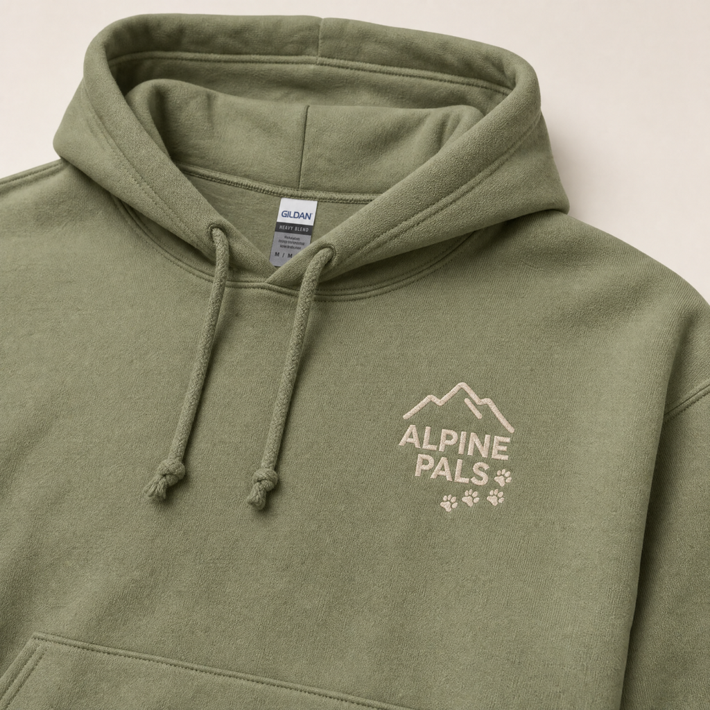 Military green hoodie with 'Alpine Pals' logo on a light background