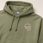 Military green hoodie with 'Alpine Pals' logo on a light background